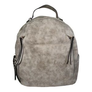 Light Grey Faux Leather Minimalist Backpack Gold Zipper Modern Neutral Travel